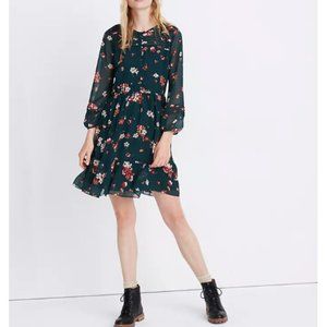 Madewell Sheer-Sleeve Pintuck Ruffle Dress in Spruce Blooms Size 6